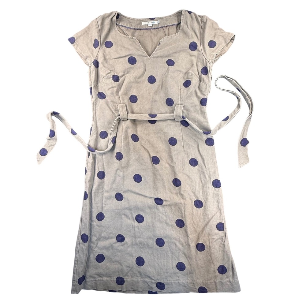 Boden polka dot dress‎ cotton linen 10 Long tall tan brown blue cottagecore prep